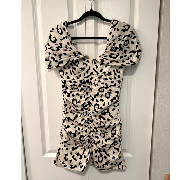 Self-Portrait 4 Off Shoulder Leopard Mini Dress Ruched Corset Black Cream XS - Picture 3 of 11